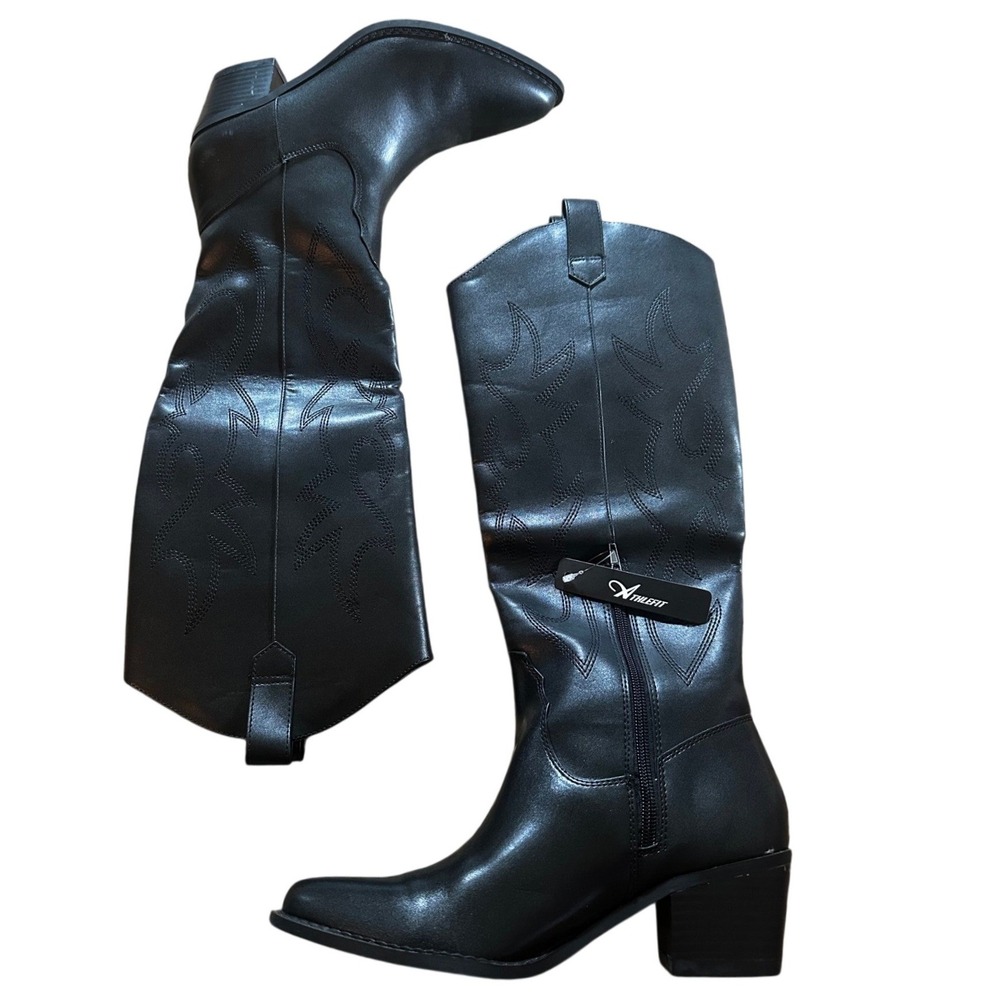 Athlefit Black Faux Leather Western Pointed Toe Cowboy Boots‎ Women's  7
